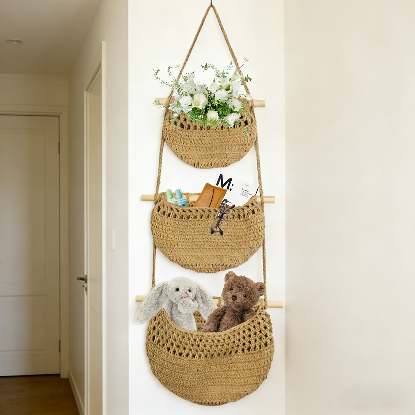 Handwoven hanging baskets styled with flowers and keepsakes