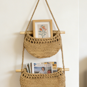 Three-tier hand-woven hanging organizer styled with flowers