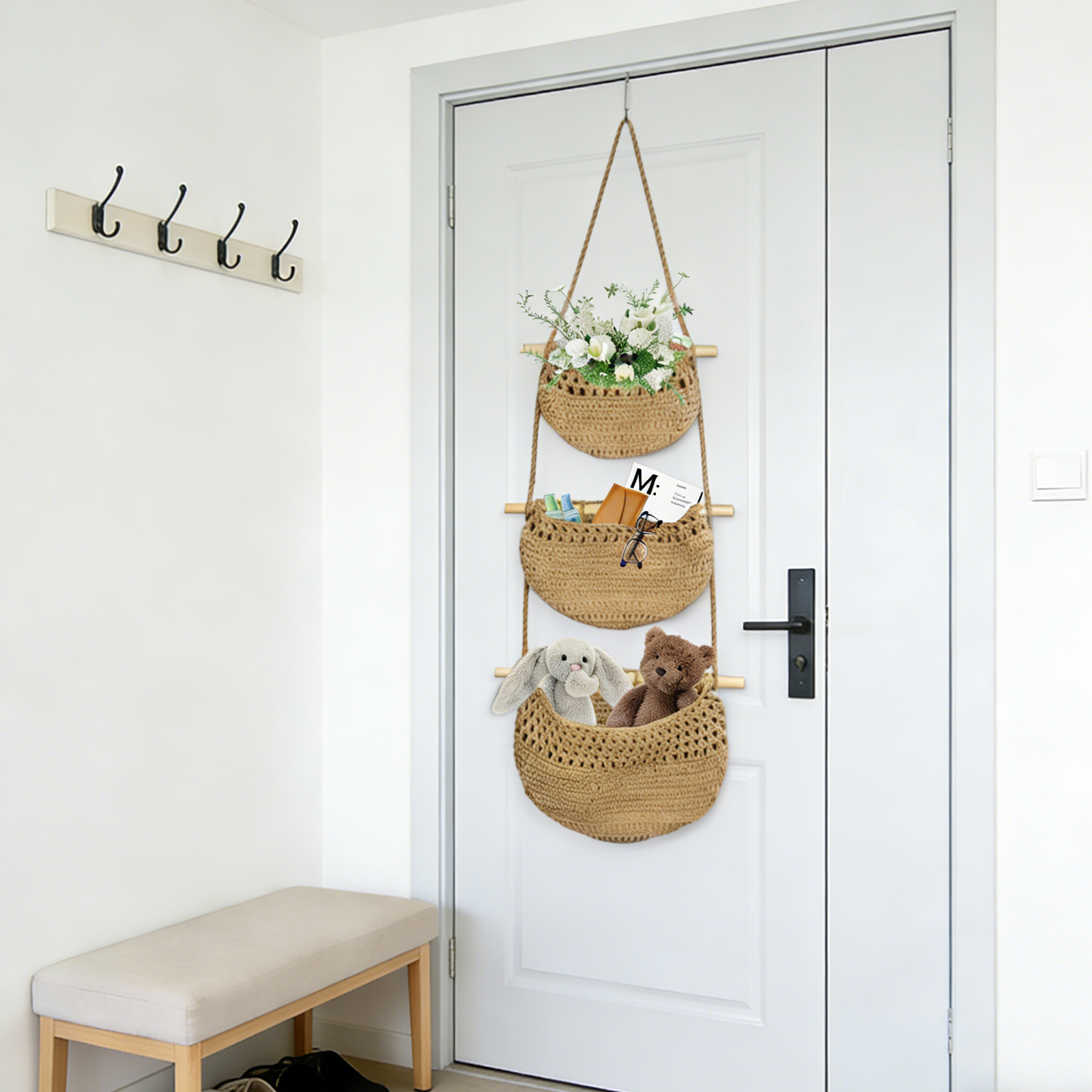 Orangex hanging storage in a bright home entryway